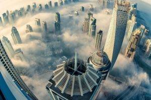 Dubai, Clouds, Building, City, Sea, Urban, Architecture, Photography, Skyscraper, Cityscape, Mist, Aerial view, Fisheye lens, Heights