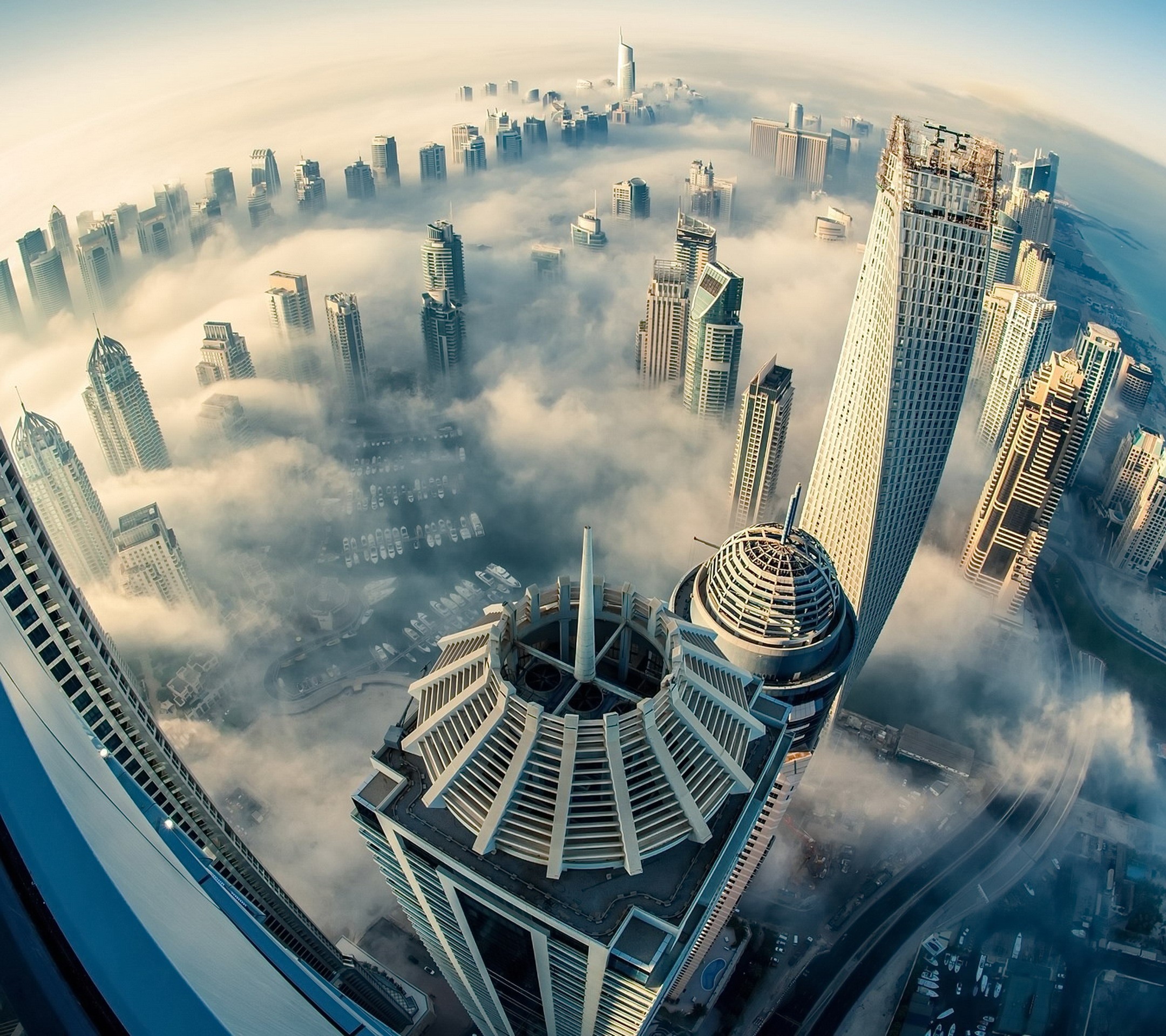 Dubai, Clouds, Building, City, Sea, Urban, Architecture, Photography, Skyscraper, Cityscape, Mist, Aerial view, Fisheye lens, Heights Wallpaper