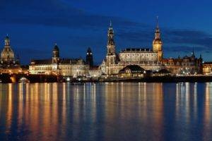architecture, Old building, Lights, Evening, City, Dresden, Germany, Water, River, Church, Dome, Cathedral, Bridge, Reflection, Trees, Clouds, Tower