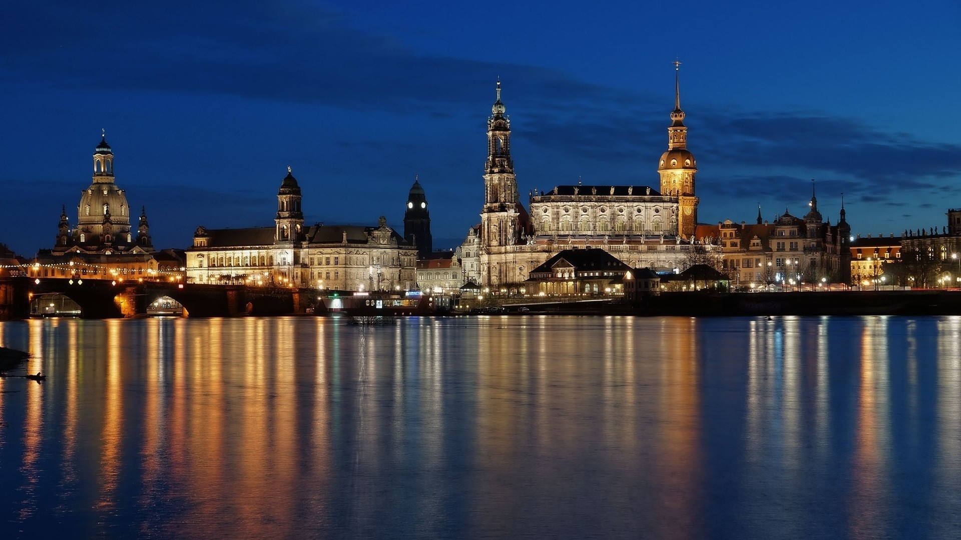 architecture, Old building, Lights, Evening, City, Dresden, Germany, Water, River, Church, Dome, Cathedral, Bridge, Reflection, Trees, Clouds, Tower Wallpaper