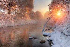 river, Snow, Sunlight, Winter