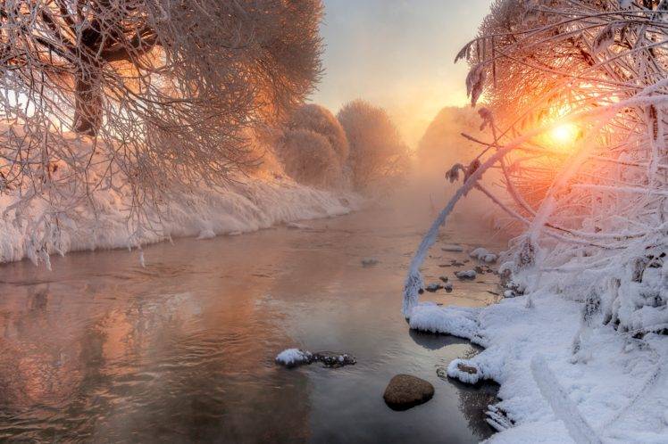 river, Snow, Sunlight, Winter HD Wallpaper Desktop Background