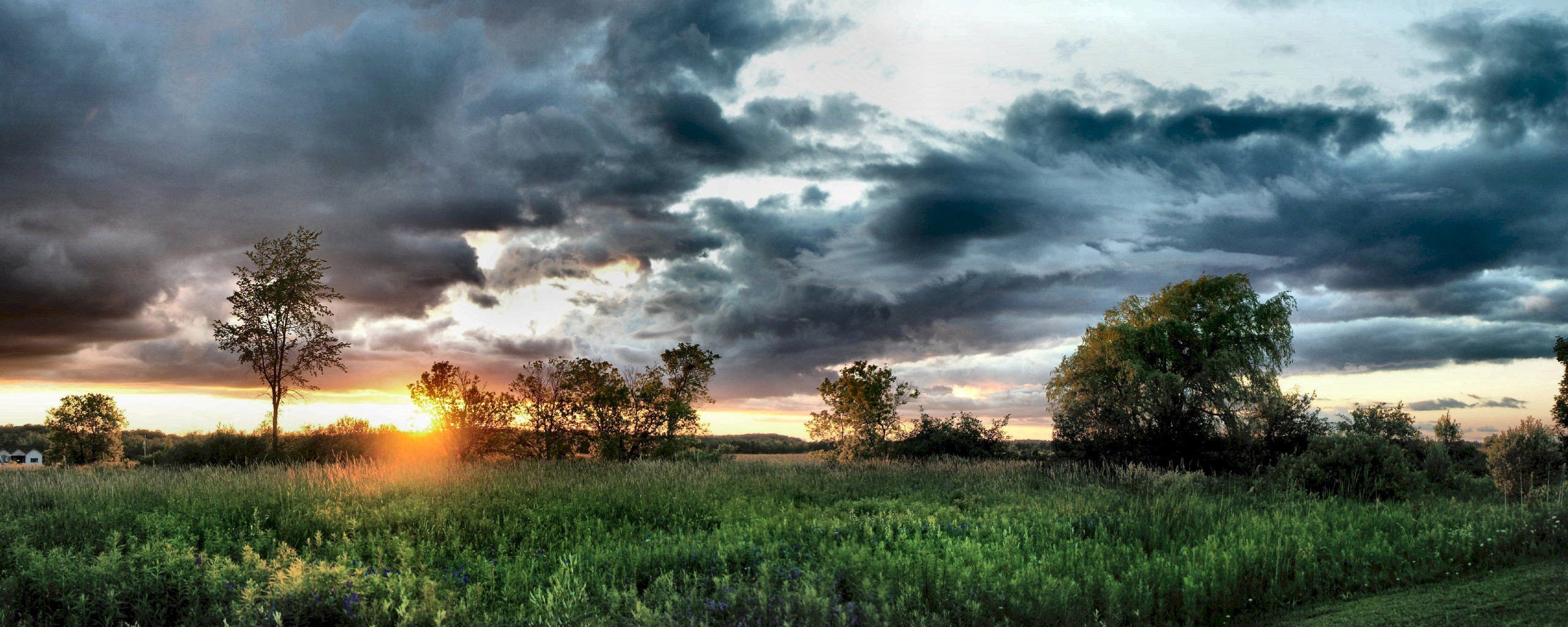 nature, Clouds, Sunset, HDR, Grass, Trees Wallpaper