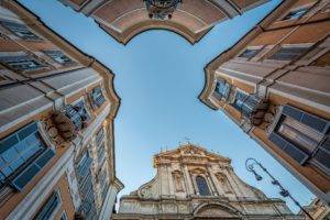 architecture, Building, Old building, City, Cityscape, Rome, Italy, Church, Worms eye view, Distortion, Street light, Clear sky, Fisheye lens, Window, Balconies, Cross