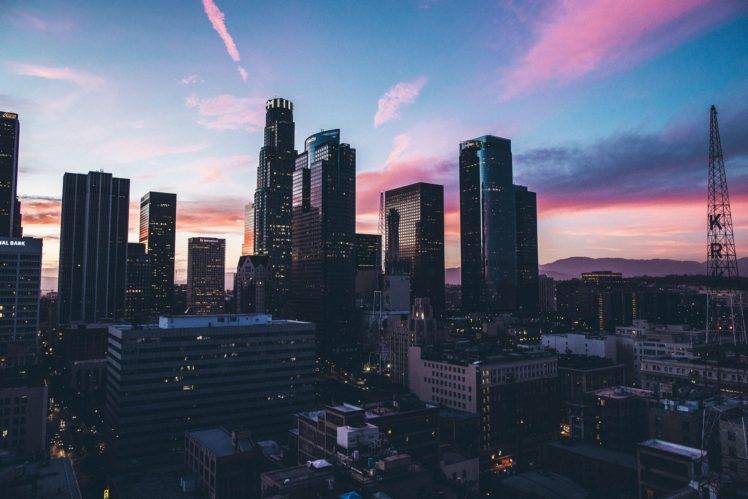 cityscape, Los Angeles, Skyscraper, Silhouette, Mountains, Clouds, Sunset HD Wallpaper Desktop Background