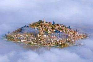 architecture, City, Building, Mist, Mexico, Island, Clouds, Water, House, Village, Hills, Statue, Ship, Trees, Reflection