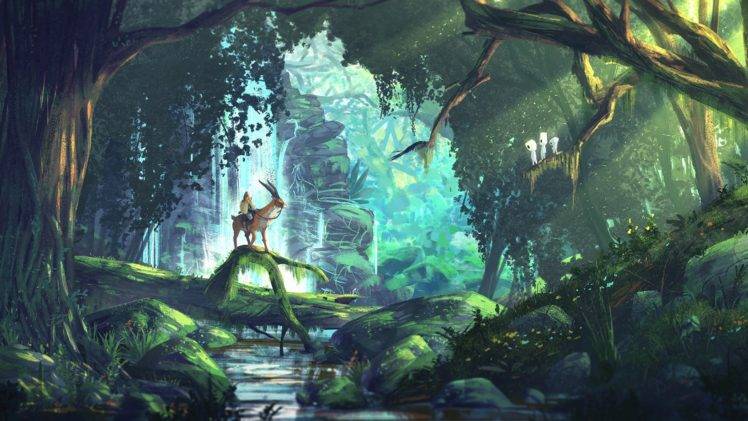 Hayao Miyazaki, Princess Mononoke, Ashitaka, Kodama, Forest, Elk, Anime HD Wallpaper Desktop Background