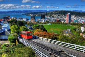 architecture, Building, Wellington, New Zealand, City, Cityscape, Train, Hills, Soccer Field, Clouds, House, Trees, Sea, Railway, Grass