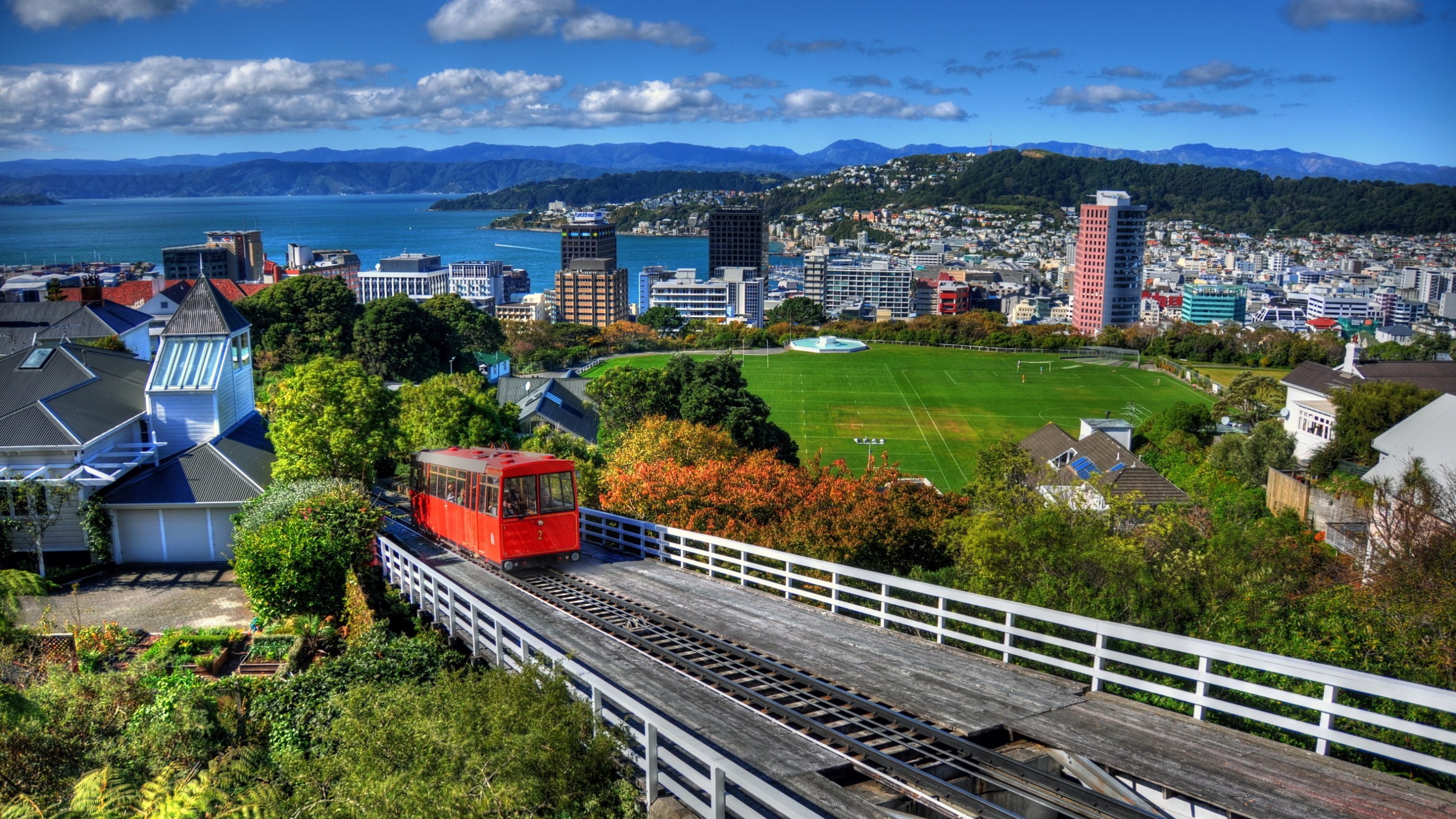 architecture, Building, Wellington, New Zealand, City, Cityscape, Train, Hills, Soccer Field, Clouds, House, Trees, Sea, Railway, Grass Wallpaper