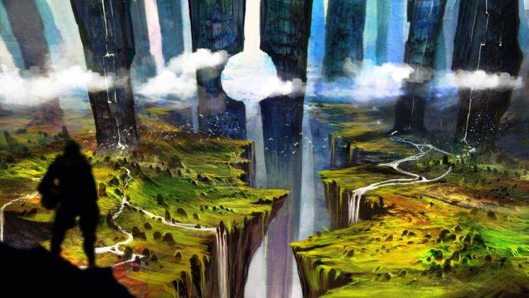 knight, Ravine, Water, Pillar, Clouds, Hills HD Wallpaper Desktop Background
