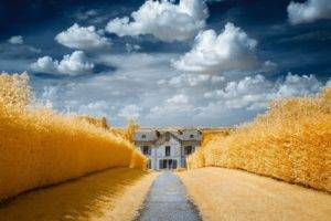 house, Clouds, Field, Yellow