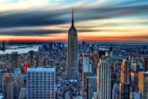 architecture, Building, Cityscape, City, Clouds, Evening, USA, New York City, Empire State Building, Skyscraper, Sunset, Manhattan, Long exposure, Water, Window, Cranes (machine), Bridge