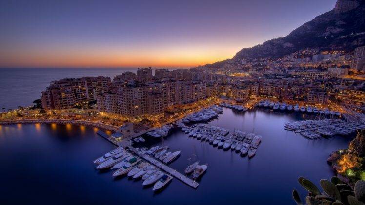 city, Water, Sunset, Monaco, Harbor, City lights HD Wallpaper Desktop Background