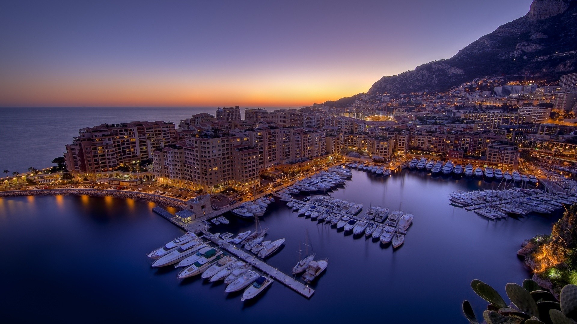 city, Water, Sunset, Monaco, Harbor, City lights Wallpaper