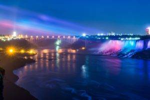Niagara Falls, Waterfall, River, Lights, Landscape, Glowing, Night, Bridge