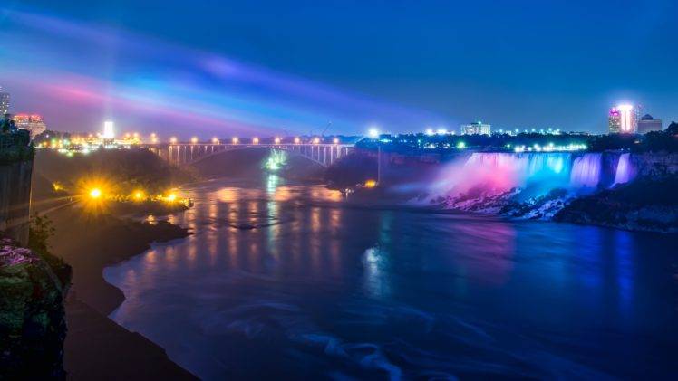 Niagara Falls, Waterfall, River, Lights, Landscape, Glowing, Night, Bridge HD Wallpaper Desktop Background