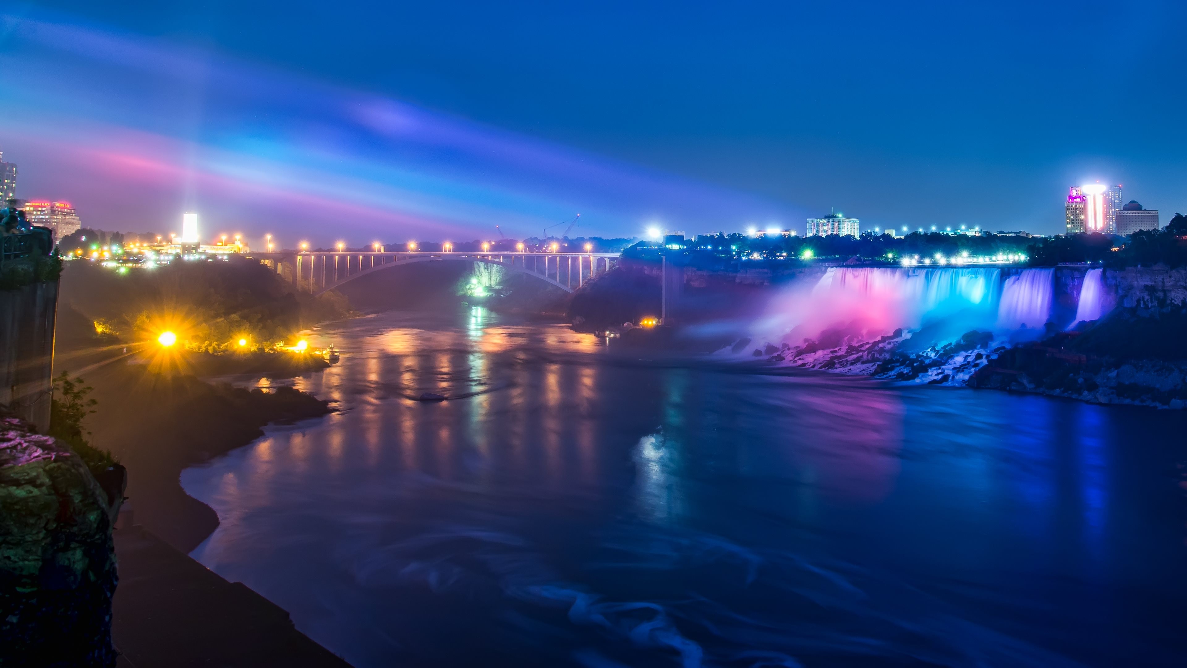 Niagara Falls, Waterfall, River, Lights, Landscape, Glowing, Night, Bridge Wallpaper