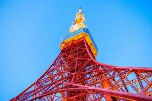 Japan, Tokyo Tower, Worms eye view, Sky, Architecture, Tokyo