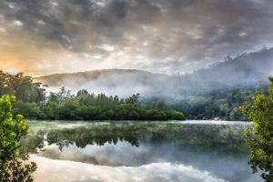 lake, Reflection, Trees, Mist, HDR, Clouds