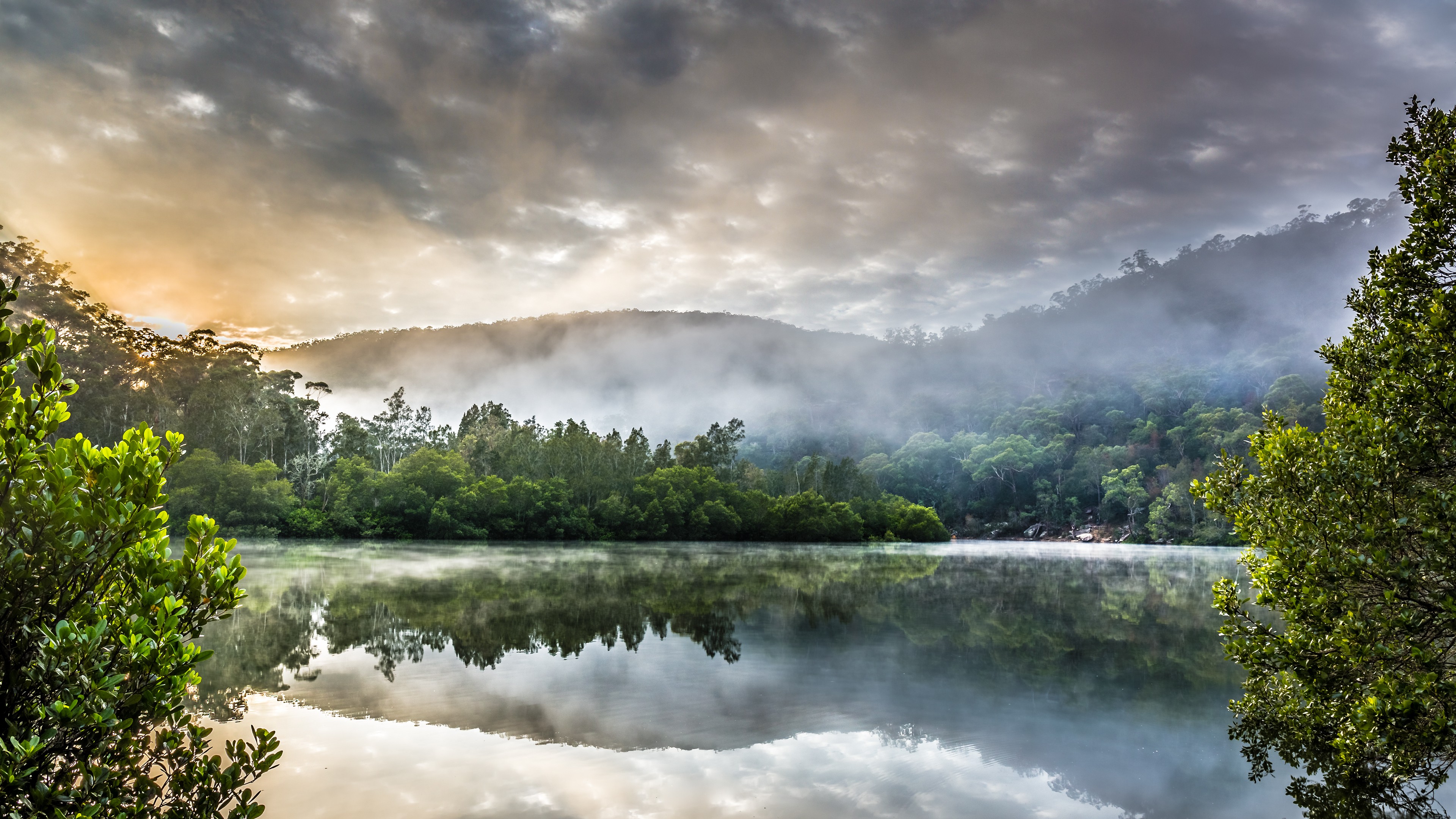 lake, Reflection, Trees, Mist, HDR, Clouds Wallpaper