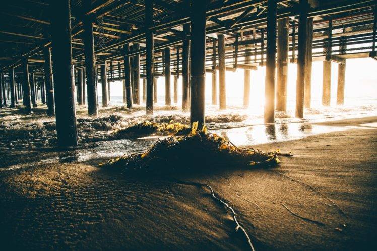 beach, California, Sunset, Sunlight, Seaweed, Pier, Sand HD Wallpaper Desktop Background