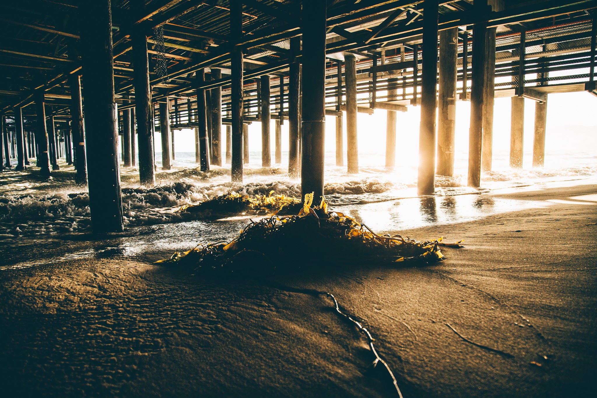 beach, California, Sunset, Sunlight, Seaweed, Pier, Sand Wallpaper