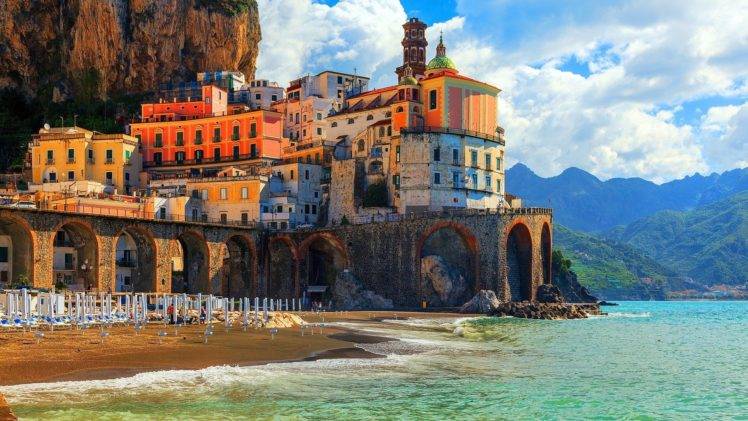 architecture, Building, House, Italy, Coast, Old building, Beach, Sand, Sea, Mountains, Arch, Bridge, Rock, Clouds, Tower HD Wallpaper Desktop Background