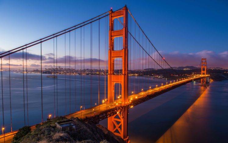 San Francisco, USA, Bridge, Sunset, Golden Gate Bridge, Lights HD Wallpaper Desktop Background