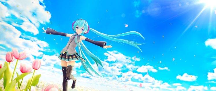 blue hair, Hatsune Miku, Flowers, Anime, Clouds HD Wallpaper Desktop Background