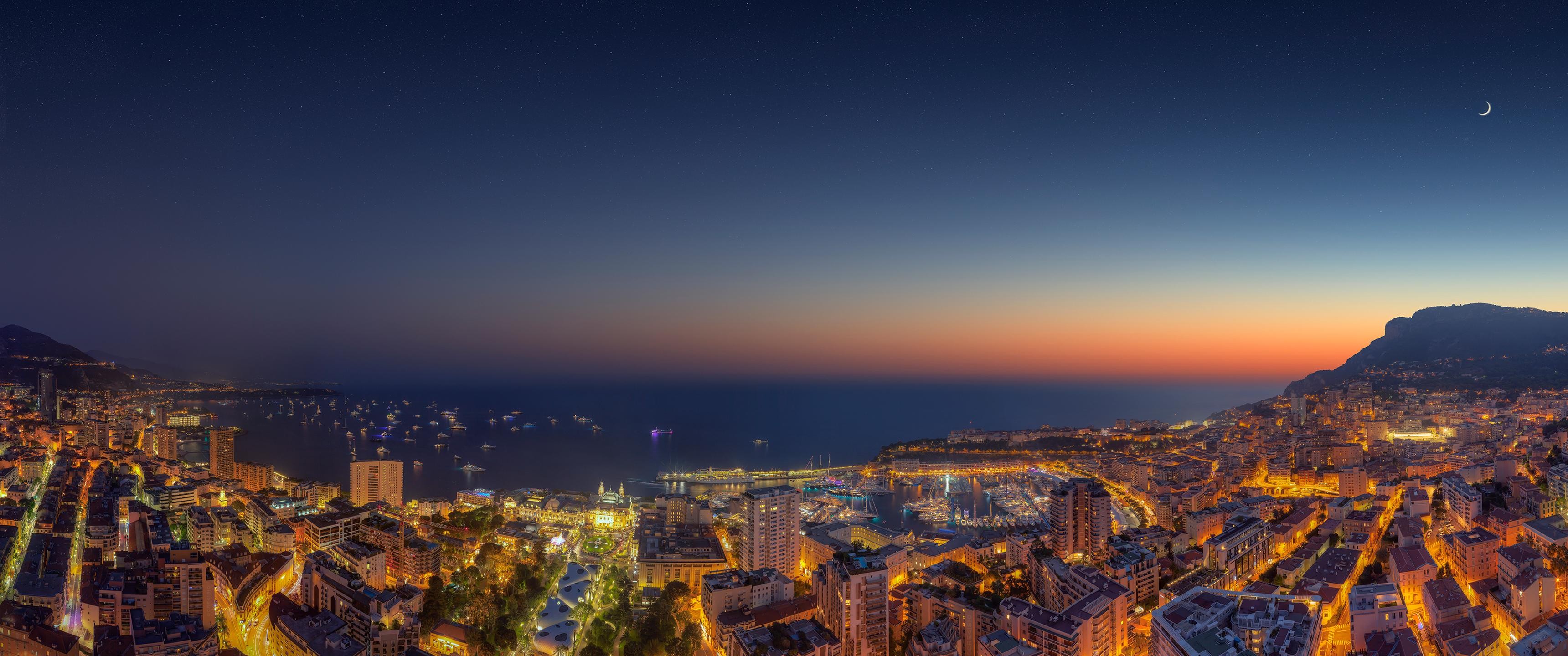 ultrawide, Dusk, Cityscape, Sea, Ship Wallpaper