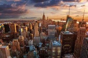 New York City, Manhattan, City, Sunrise, Empire State Building, City lights, Clouds, Skyline