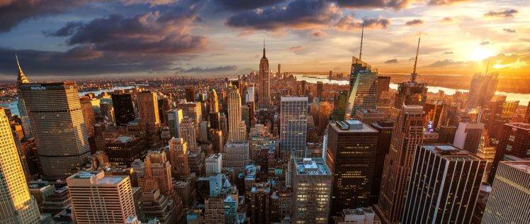 New York City, Manhattan, City, Sunrise, Empire State Building, City lights, Clouds, Skyline HD Wallpaper Desktop Background