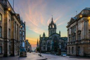 architecture, Building, Old building, Edinburgh, Scotland, UK, Street, Ancient, Church, Tower, Statue, Sculpture, Cathedral, Street light, Sunset, Clouds, Evening