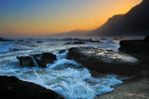 coast, Sea, Sunset, Rocks