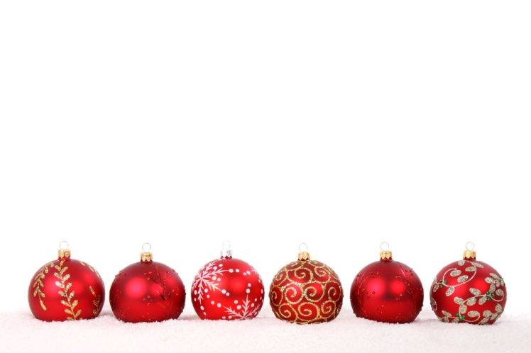 balls, Decorations, Glass, Holiday, Christmas ornaments, Red, Snow, Sphere, White, Winter HD Wallpaper Desktop Background