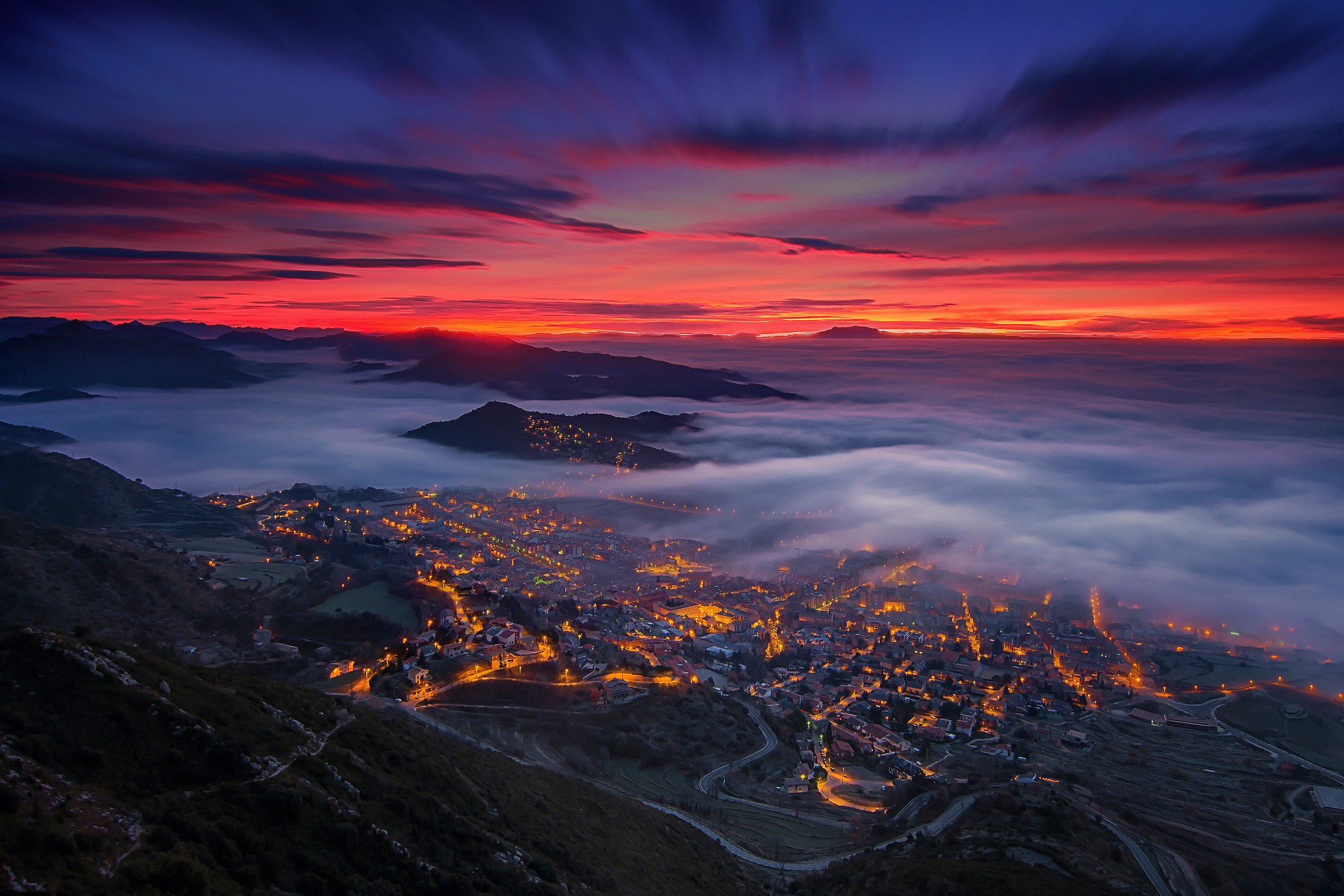 night, City, Spain, Sunset, Mist, City lights Wallpaper