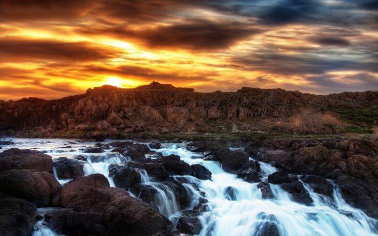 water, Mountains, Sunset, Clouds, Rocks, River HD Wallpaper Desktop Background