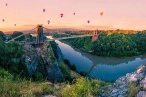 water, Forest, Mountains, Hot air balloons