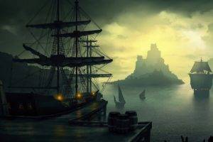 old ship, Ship, Barrels, Clouds, Sailing, Lantern, Sun, Island, Bay, Dock