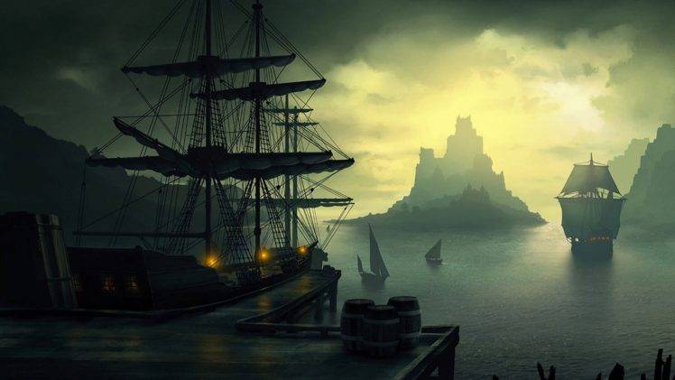 old ship, Ship, Barrels, Clouds, Sailing, Lantern, Sun, Island, Bay, Dock HD Wallpaper Desktop Background