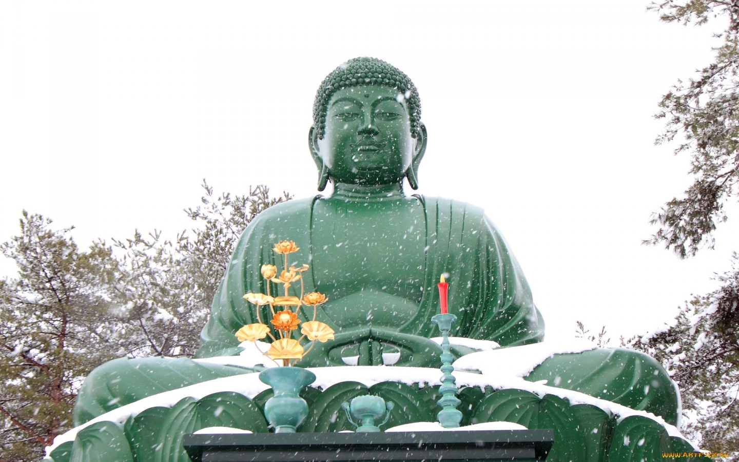 Buddha, Statue, Meditation, Religion, Snow, Winter Wallpaper