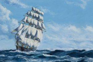 water, Sky, Clouds, Sailing ship, Painting, Sea, Waves