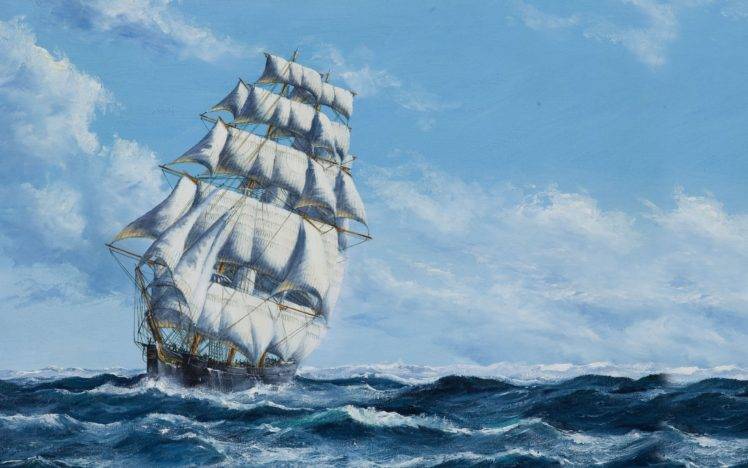water, Sky, Clouds, Sailing ship, Painting, Sea, Waves HD Wallpaper Desktop Background