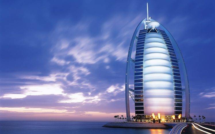 Burj Al Arab, Hotel, Blue, Clouds, Sea, Lights, Architecture, Islamic architecture HD Wallpaper Desktop Background