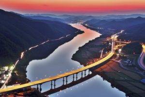 South Korea, River, Road, Bridge, Lights, Mountains, Sunset, Aerial view, Photography, City