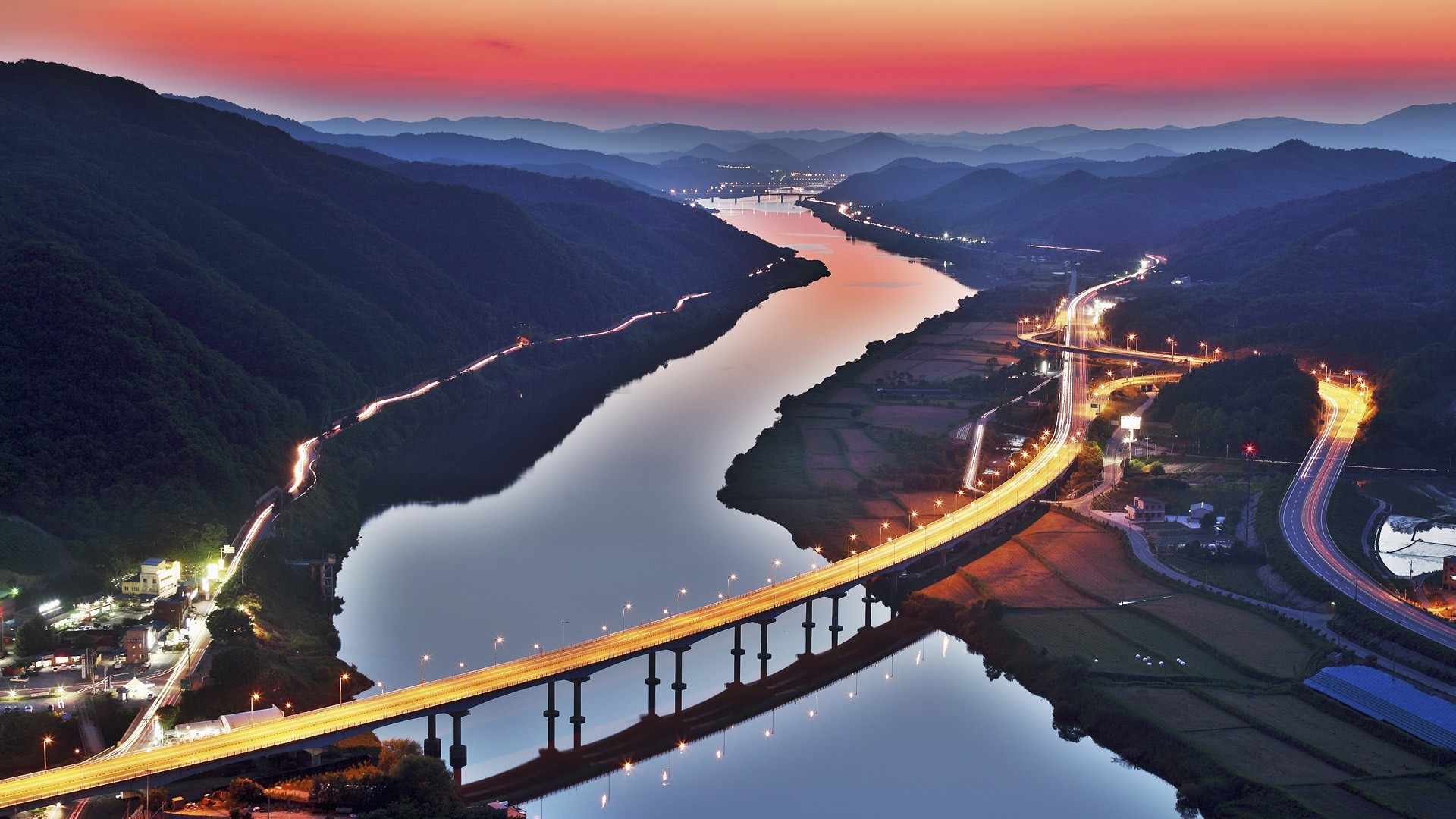 South Korea, River, Road, Bridge, Lights, Mountains, Sunset, Aerial view, Photography, City Wallpaper