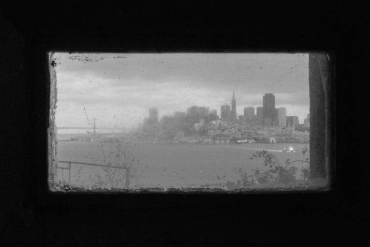 old photos, Monochrome, History, Photography, San Francisco, USA, Alcatraz, Prison, Window, Dirt, City, Cityscape, Building, Sea, Skyscraper, Trees, Ship, Glass HD Wallpaper Desktop Background