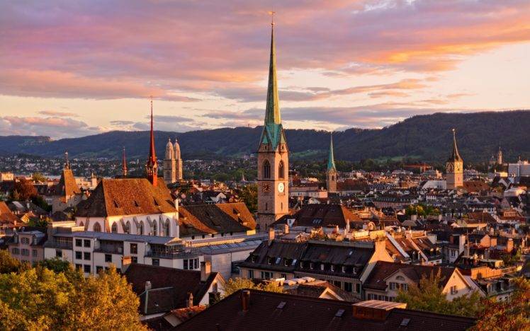 city, Sky, Clouds, Mountains, Sunset, Zurich, Switzerland HD Wallpaper Desktop Background