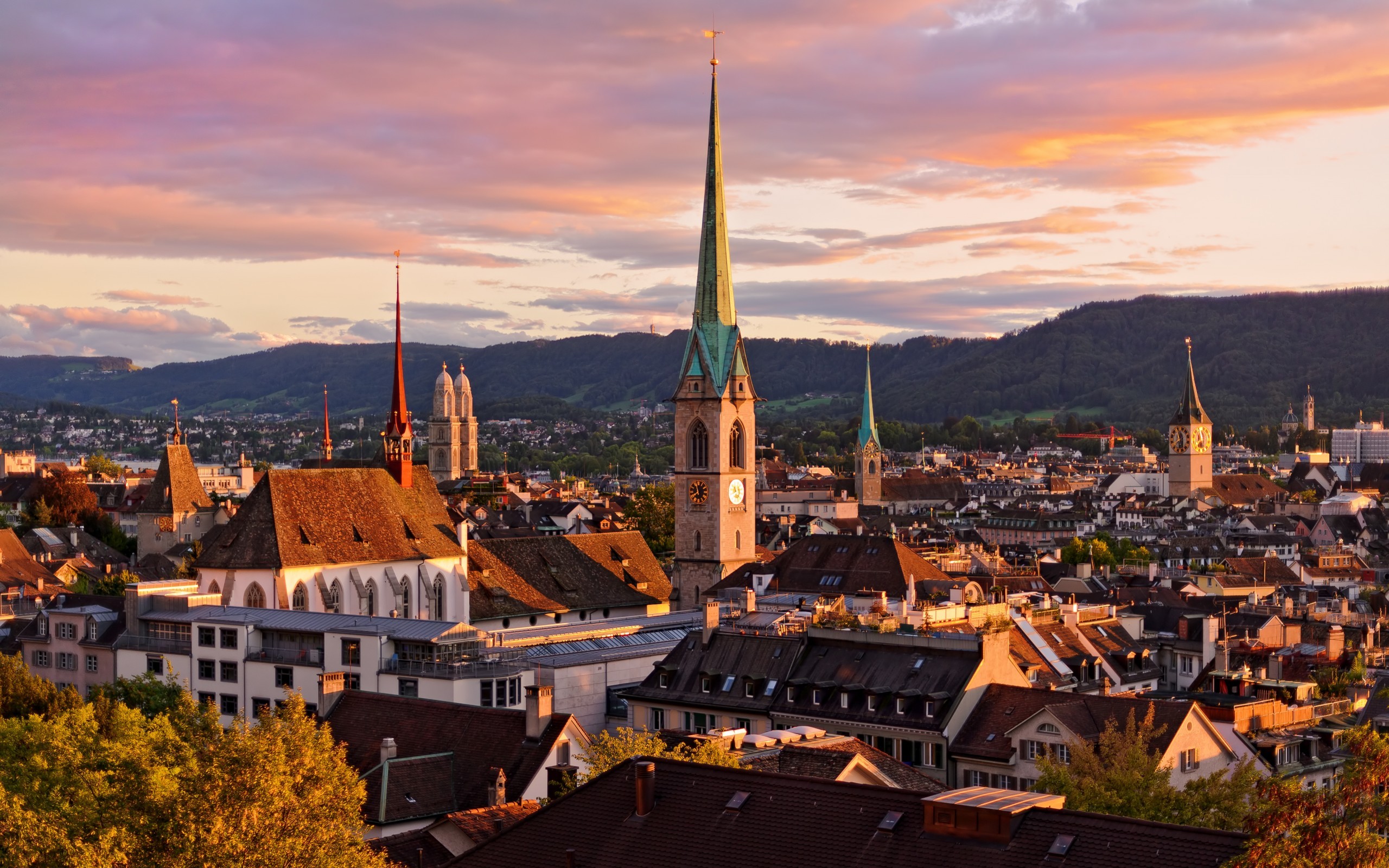 city, Sky, Clouds, Mountains, Sunset, Zurich, Switzerland Wallpaper