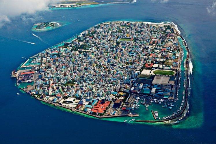 architecture, Urban, City, Town, Maldives, Island, Aerial view, Sea, Ship, Boat, Rooftops, Clouds, House, Bay, Harbor, Stadium HD Wallpaper Desktop Background